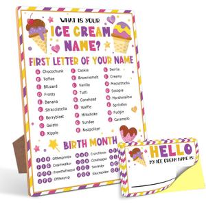 What is Your Ice Cream Name Game,30 Stickers, Ice Cream Party Decor,Perfect for Birthday Party Activities 68 Wooden Play Sign with Stand