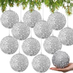 Lyrow 12 Pcs Large Glitter Christmas Ball Ornament Vintage Foam Christmas Tree Balls Sequin Hanging Ornament for Xmas Tree Home Wedding Winter Holiday Party Decor(Silver,4 Inch)