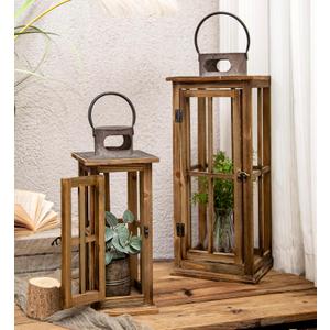 TIMRIS Large Farmhouse Wooden Metal Lantern Set of 2, Rustic Decorative Floor Candle Lanterns, Vintage Distressed Hanging Lanterns for Home Dcor (No Glass) (Brown)
