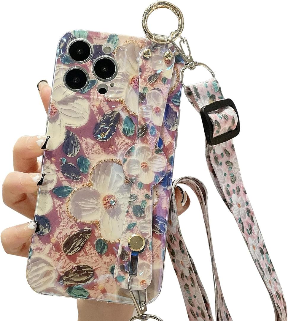 Compatible with iPhone 14 Plus Case,[ with wrist strap + lanyard ]Colorful Retro Oil Painting Printed Flower Laser Glossy Pattern Cute Exquisite Phone Cover Stylish Protective Case for Girls Women. (Pink)