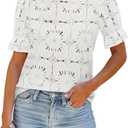 Women's Eyelet Tops Puff Short Sleeve Blouses Dressy Casual Cute Hollow Out Crochet Lace Embroidered Summer Shirts (Large, White)