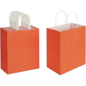 Oikss 50 Pack 8x4.75x10 Inch Medium Orange Kraft Paper Bags with Handles Bulk for Birthday Wedding Party Favors Grocery Retail Shopping Takeout Business Goody Craft Gift Bags Sacks