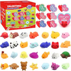28 Pack Valentines Day Gifts for Kids, Mochi Squishies Party Favor Set with Valentines Greeting Cards and Filled Hearts, Valentine's Day School Prize Party Favor, Classroom Exchange Gift Set