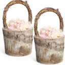 LemonRoad 2 Pcs Flower Girl Basket Retro Wooden Bark Style Small Baskets with Handles for Wedding Floral Decoration Wedding Flowers Candy Storage and Home Decoration (Mini)