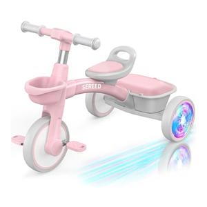 SEREED Colorful Lighting Toddler Tricycle for 2-5 Years Old Girls, Adjustable Seat&Handlebar Trike, Removable Basket, Birthday Gift Idea for Kids Ages 2+ (Pink)