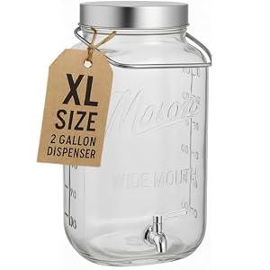 Kitchentoolz Big 2 Gallon Glass Drink Dispenser with Large Airtight Metal Lid and Handle – Square Mason Jar Beverage Container with Stainless Steel Spigot – Ideal for Cold Drinks & Events