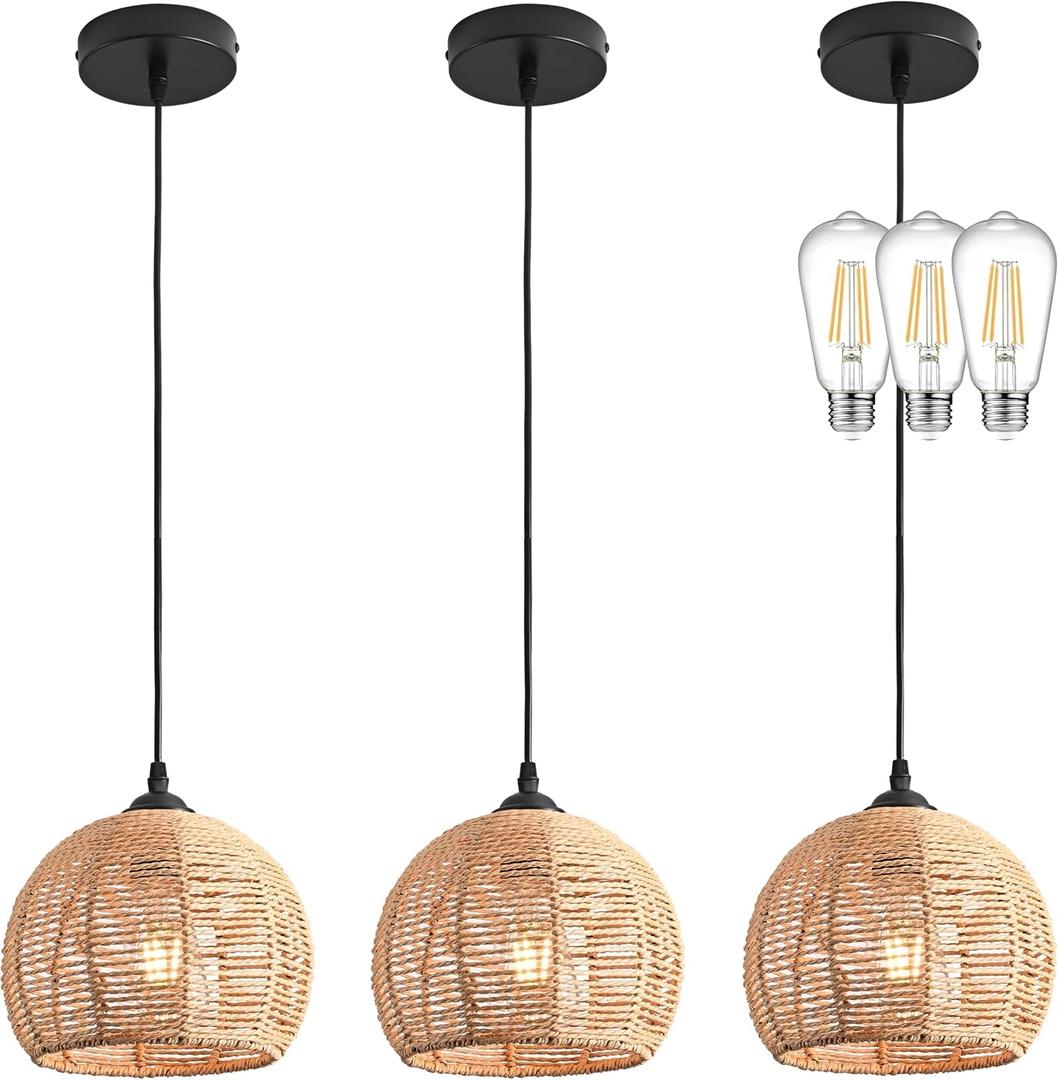 3 Pack Wicker Pendant Light Natural Woven Pendant Light Boho Chandelier Light Fixture Dome Rustic Farmhouse Pendant Lights Rattan Light Fixture for Dining Room Kitchen Island (Bulb Incl.), 8.7 inches x 6.3 inches
