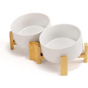 SPUNKYJUNKY 15 Slanted Ceramic Dog and Cat Bowl with Wooden Stand, Tilted Bulldog Food and Water Bowl No Slip Non-Spill for Cats Medium Dogs Big Face Pets 28.7 OZ (3.6 Cups, White  2)
