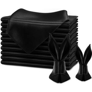 KKJIAF Black Silky Satin Napkins (12 Pieces, 17x17 Inches),Washable Polyester Square Table Napkins for Wedding Dinner Party Decoration