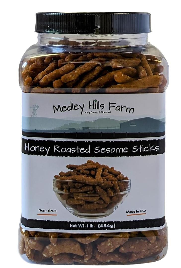 Sesame Sticks Snacks Honey Roasted 1 lb. - By Medley Hills Farm in Reusable Container - Fresh honey roasted sesame sticks - Sweet and Salty Flavored snacks, BBD 05/27/27