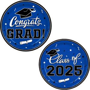 Gatherfun Graduation Party Dinnerware Blue Disposable Paper Plates for Congrats Grad Party Decorations, Serve 80