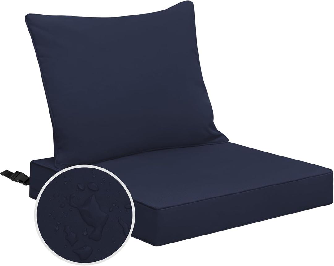 Easy-Going Waterproof Patio Chair Cushion Back 19x16 in + Seat 19x19x3 in Non-Slip Outdoor Seat Cushion with Zipper and Handle Navy