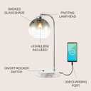 JONATHAN Y 20" Chrome Industrial LED Task Lamp with USB Charging Port, Adjustable Smoke Gray Glass Globe Table Lamp with White Marble Base, LED Bulb Included JYL1131A