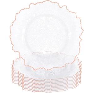 10Pcs Clear Charger Plates Bulk Wedding - 13" Premium Plastic Ruffled Rose Gold Rim Chargers with Flora Reef DesignDecorative Dinner Charger Plates for Events & Parties 10Pcs Clear Charger Plates Bulk Wedding - 13" Premium Plastic Ruffled Rose Gold Rim Chargers with Flora Reef DesignDecorative Dinner Charger Plates for Events & Parties