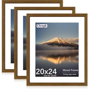 20X24 Poster Frame, Display Pictures 16X20 with Mat or 20X24 Without, Wall Hanging Frames, Rustic Brown, 3 Pack