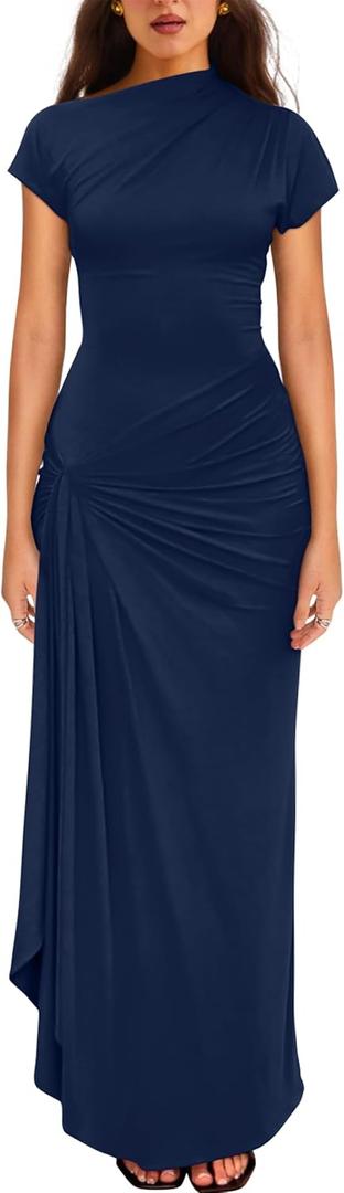 YMDUCH Women's Casual Short Sleeve Boat Neck Ruched High Split Bodycon Long Party Dress (XX-Large, Navy)