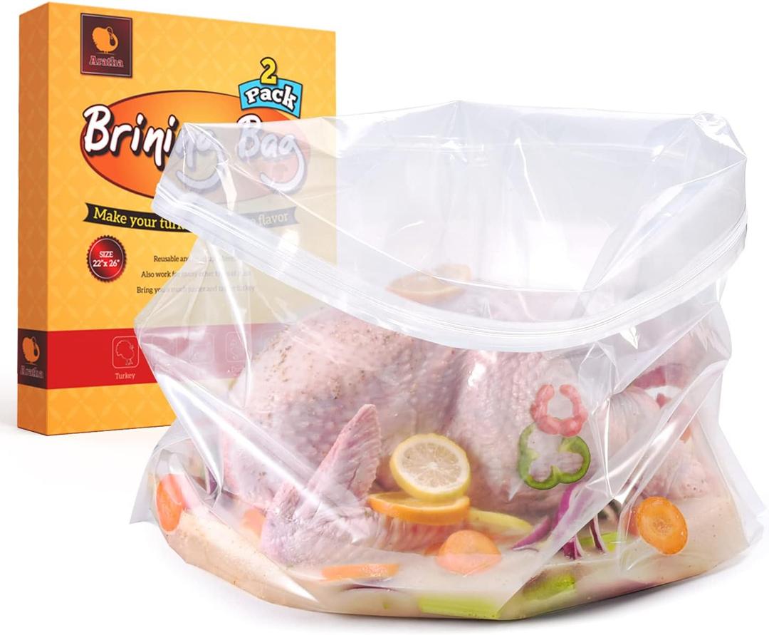 ARATHA Turkey Brining Bags, 26"22", 2 Pack, Double Zip Lock Thicker Brine Bags with 2 Cotton Strings, Extra Large Brining Bag Fits for Turkey, Chicken, Beef, Fish, Lamb, Pork, Holds Up to 35LB