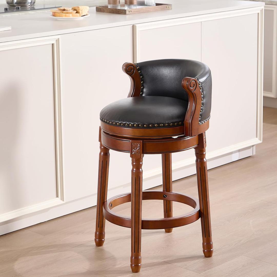 RAINMOOD Bar Stool, Mid-Century Modern Style Swivel Bar Stools with Leather Seat and Wooden Legs, Counter Chair for Kitchen Dining Room Living Room (Black, Counter Chair-Seat Height 26)