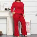 ThusFar Plus Size 2 Piece Outfits for Women Blazer Top Long Sleeve Long Pants Sets Casual Elegant Business Suit with Belt (Red, XL)