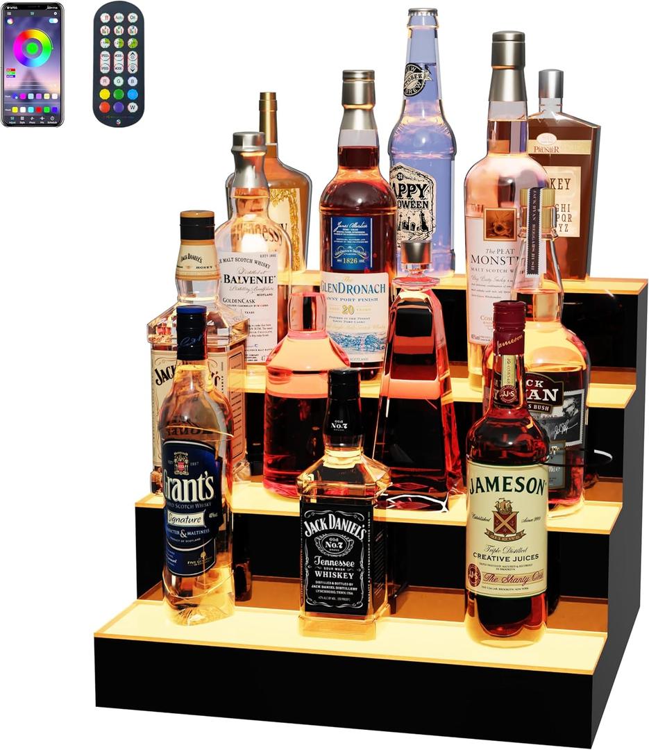 MESAlLUP 16 Inch 4 Tier Lighted Liquor Bottle Display Shelf, LED Bar Shelves with Remote Control, Mulit Color Lighting for Home Mini Bars Decor, Restaurants & Party Use, Acrylic Stand