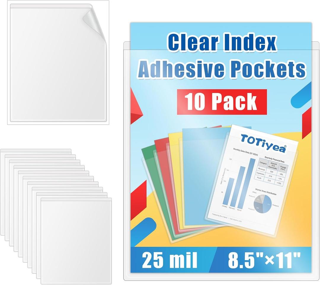 TOTiyea 10-Pack Clear Adhesive Pockets, Letter Size 8.5 x 11 Self-Stick Sheet Protectors for Classroom & Office, Waterproof, Wipe-Clean, Crystal Clear Document Holders (10)