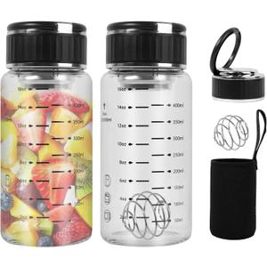 2 Pack 16oz/500ml Glass Shaker Bottle with Lid Handle, Glass Water Bottle, Wide Mouth Sport Nutrition Bottle Measuring Marks (ml/oz), for Protein Mixing, Juices, Iced Tea,Milk,Coffee,Juice Jars