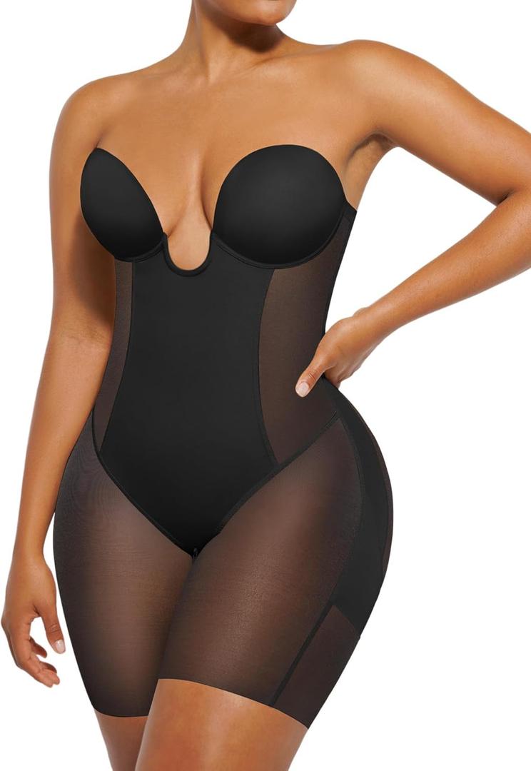 SHAPELLX Strapless Shapewear for Women Deep Plunge Corset Tummy Control Backless Bodysuit Mid Thigh Full Body Shaper (XX-Large, 01-black-standard Cup (B-d))