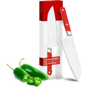 Misen Japanese Santoku Chef Knife - 7.5 Inch High Carbon Stainless Steel - Classic Japanese Knife Design for Cutting, Slicing, and Chopping - Razor Sharp Japanese Style Kitchen Knife, Red