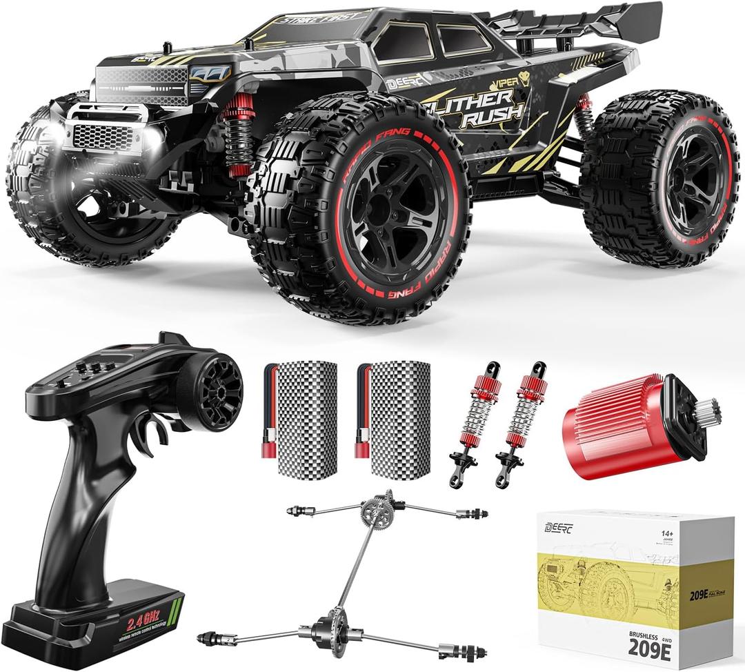 DEERC 209E 1:10 Fast Brushless RC Car for Adults & Boys, 60+ KMH High Speed 4WD Off-Road Remote Control Truck with 2 x 3S Batteries & Extra Swing Arms, Hobby Grade Racing Car, RC Crawler Gift