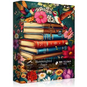 PICKFORU Wildflower Pages Jigsaw Puzzle for Adults, Hummingbird Vintage Book Puzzles, Retro Plant Flower Puzzle 1000 Pieces