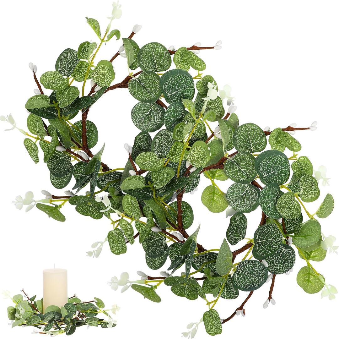 Cabilock 2Pcs Artificial Eucalyptus Candle Rings Wreath, Pillar Candles Holder Wreaths Greenery, Green Leaves Decorative Easter Table Centerpiece for Home Decor