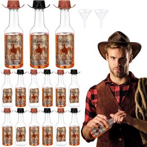 2 x Honeydak 12 Set Mini Cowboy Hats Wine Bottles Western Party Decoration Tiny Cowboy Cowgirl Hat Brown Black Plastic Alcohol Bottles with Funnels for Western Wedding Birthday Bachelorette Favors