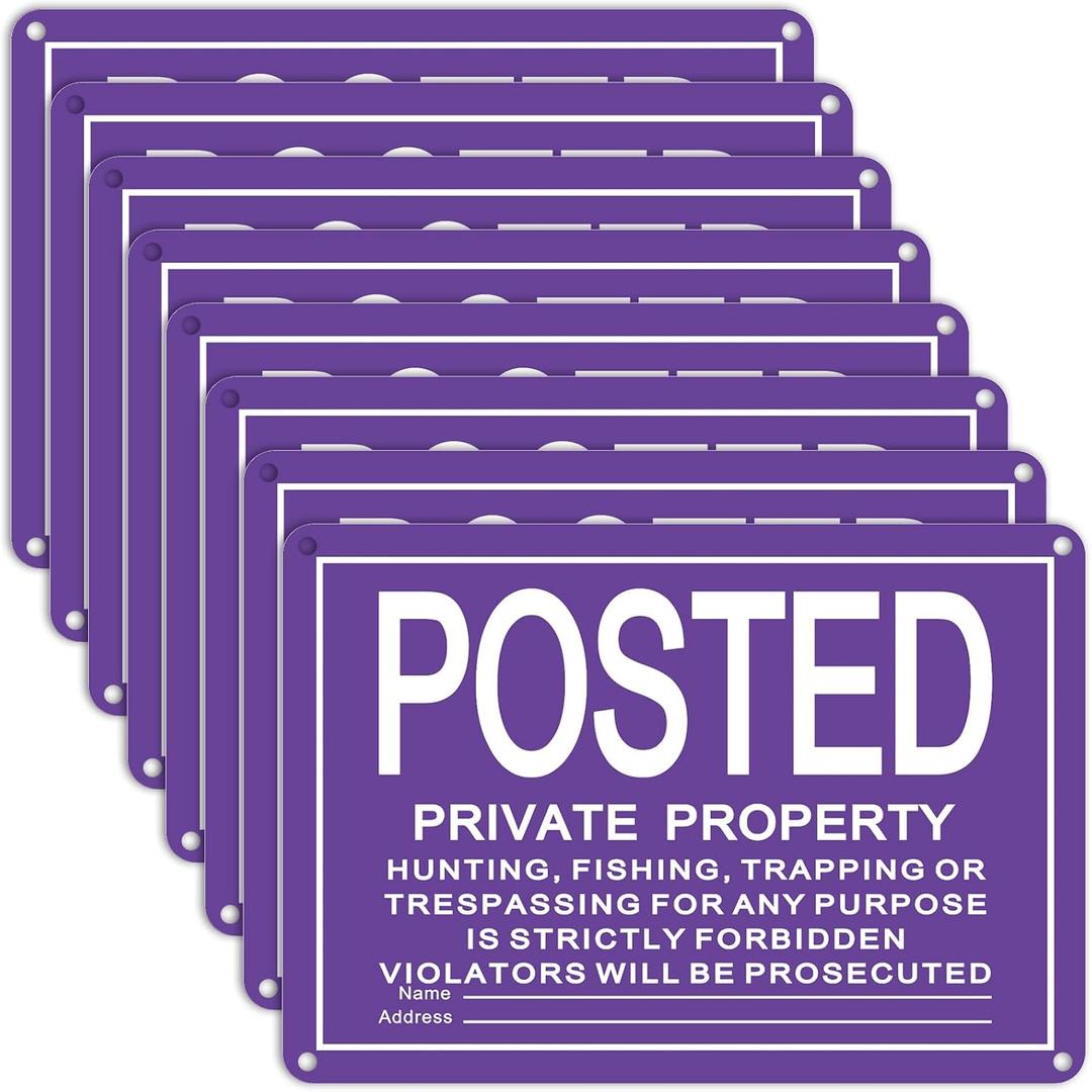 8 Pcs Large Posted No Trespassing Signs Private Property 10 x 14 Inch Metal No Hunting Sign Rust Free Aluminum, UV Printed, High Visibility for Indoor or Outdoor (Purple)