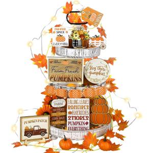 FairySandy 14 Pcs Thanksgiving Tiered Tray Decor Fall Thanksgiving Pumpkin Wooden Decorations Set Rustic Farmhouse Truck Spice Blocks Autumn Wooden Sign for Winter Halloween
