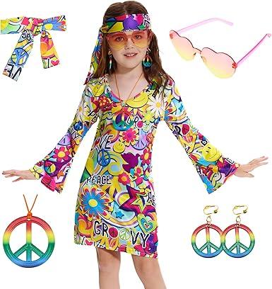 MRYUWB 70s Hippie Dress for Girls, 1970s Outfits Peace Sign Necklace Headband, 60s Themed Party Costumes for Kids 5-14 Years L 