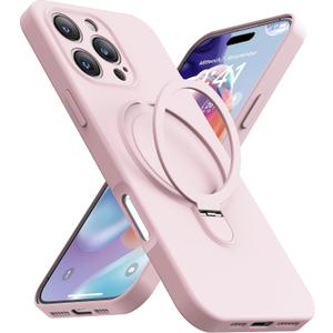 Magnetic Stand for iPhone 16 Pro Max, Liquid Silicone, [Compatible with MagSafe][Built-in Kickstand&Ring Holder] Anti-Scratch Soft Microfiber Lining, Light Pink