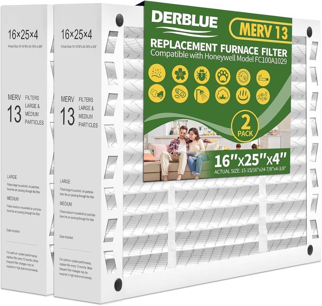 DerBlue 2PACK 16x25x4 MERV 13 Furnace Filter Replacement Compatible with Honeywell FC100A1029 Pleated HVAC,Foldable Design for Easy Installation & Space-Saving(Actual Size: 24.88 x 15.94 x 4.38 In)