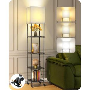 Floor Lamp with Shelves, 73" Tall Adjustable Standing Shelf Lamp with Dimmable LED Bulb & Linen Shade, 5-Tier Metal Storage Rack, Modern Display Shelf for Living Room, Bedroom, Office or Corner Space
