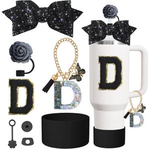 2 x 8PCS Cup Accessories Set for Stanley Cup 30oz 40oz tumbler with handle,Including Silicone Straw Topper Cover Cap and Boot,Spill Proof Stopper,Handle Charm,Initials Sticker (Black rose D)