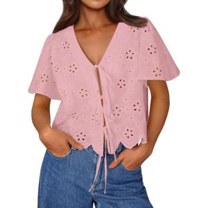 Trendy Queen Women's Tie Front Tops Summer Beach Vacation 2025 Fashion Outfits Loose Fit Blouses Eyelet Embroidered Clothes (X-Large, Pink) Trendy Queen Women's Tie Front Tops Summer Beach Vacation 2025 Fashion Outfits Loose Fit Blouses Eyelet Embroidered Clothes (X-Large, Pink)