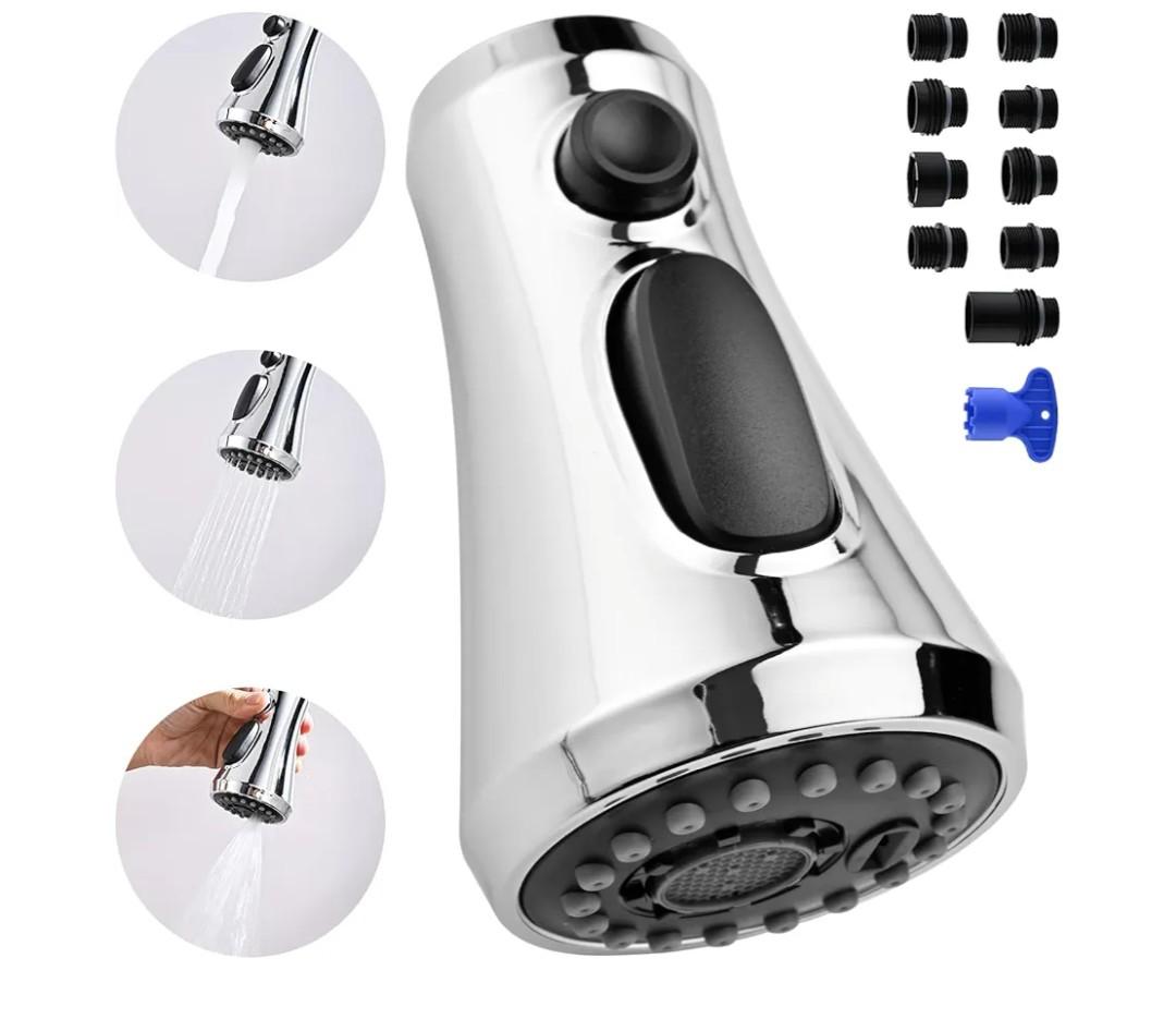 Universal Kitchen Faucet Head Replacement Compatible with Kohler/Moen/Delta Faucet with 15 Adapter Kit, 3 Function Pull Down Sink Faucet Spray Head, Chrome Finished