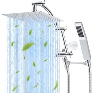 Hibbent All Metal 10'' Rainfall Shower Head, Dual Shower Head Combo, High Pressure Handheld Shower Wand, 16'' Adjustable Arc-shaped Shower Extension Arm, 71'' Hose, Showerhead Holder, Chrome