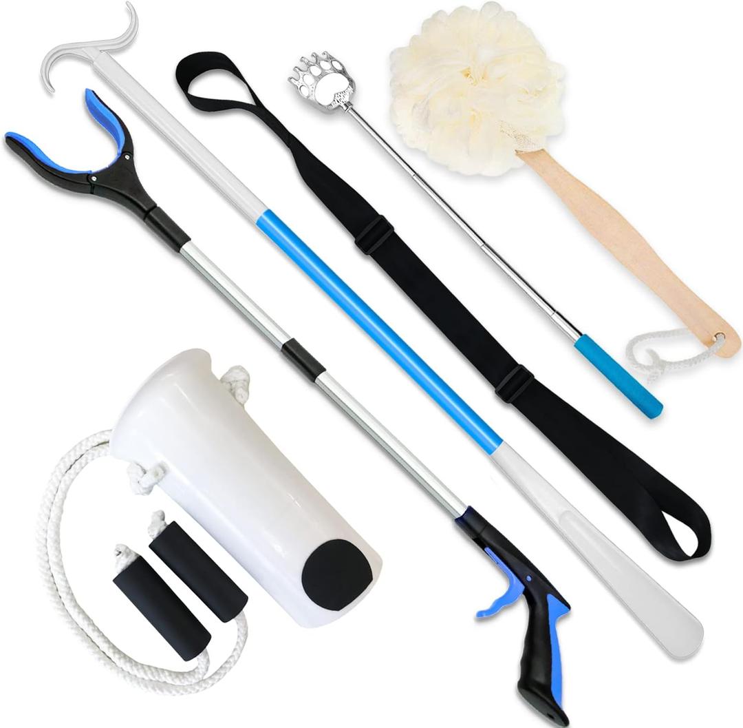 6PC Hip Kit, Hip Replacement Kit After Surgery, Hip Kit for Seniors Total Hip Replacement Prime-Grabber, Sock Aid, Shoehorn & Dressing Stick, Leg Strip, Back Scratcher, Bath Loofah, Hip Kit with Leg Lifter
