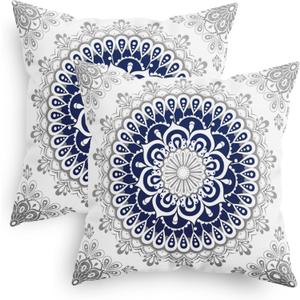 CaliTime Throw Pillow Covers Pack of 2 Cozy Fleece Mandala Dahlia Floral Medallion Compass Style Cushion Cases for Couch Bed Sofa Farmhouse Decoration 18 X 18 Inches Navy Blue Grey
