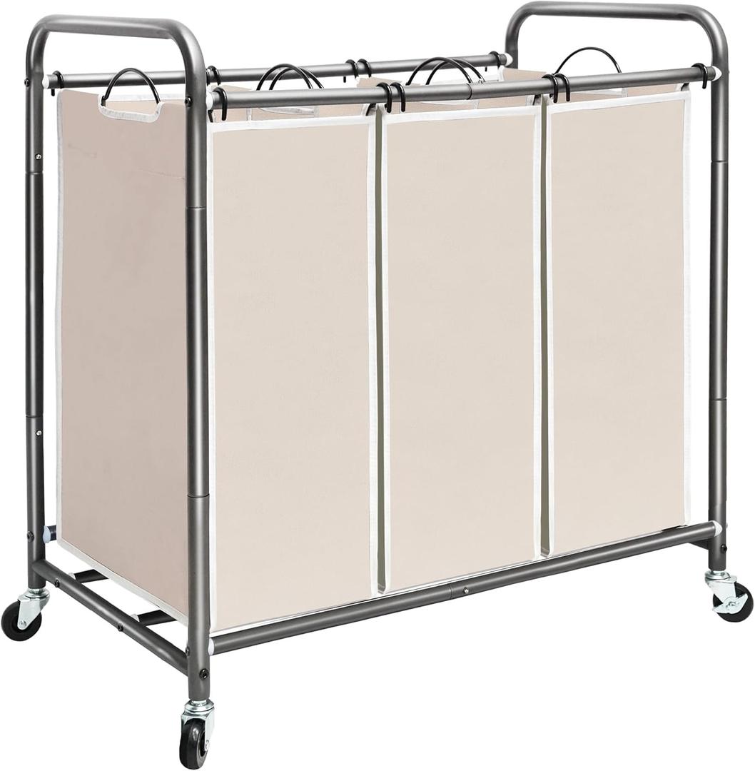 STORAGE MANIAC 3 Section Laundry Sorter, 3 Bag Hamper Cart With Heavy Duty Rolling Lockable Wheels and Removable Bags, Clothes Separator Organizer Basket, Beige
