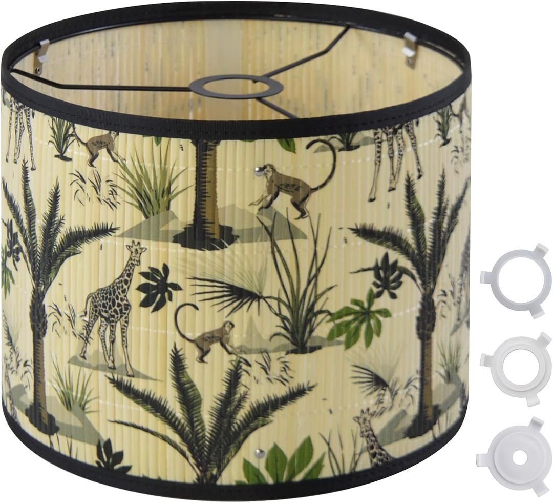 Bamboo Lamp Shade With Tropical Plants Chandelier Covers, Bohemian Farmhouse Drum Lamp Shade for Table Lamp Floor Lamp, Rustic Rattan Light Fixture for Bedroom Living Room (11.8x11.8x9 inch)