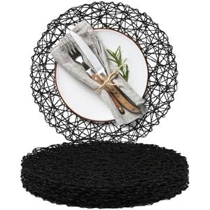 AHHFSMEI Paper Braided Round Placemats Set of 8 Natural Non-Slip Heat Resistant Table Mats for Dining Tables Woven Indoor & Outdoor Place mats(Black,8)