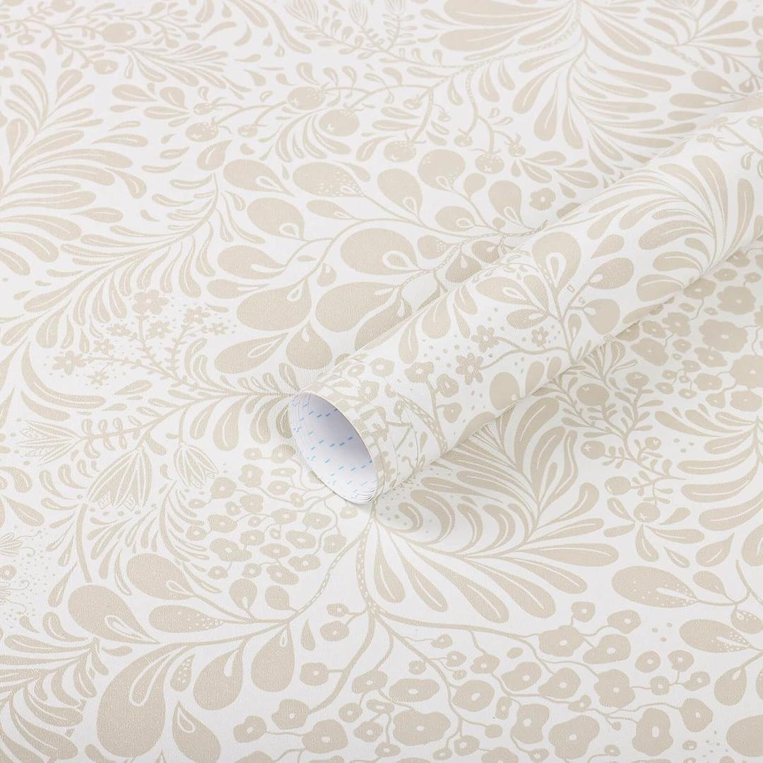 Heroad Peel and Stick Wallpaper Contact Paper Modern Wall Paper 17.3''x196'' Boho Floral Removable Wallpaper Beige Self Adhesive Contact Paper for Bedroom Living Room Walls Waterproof Vinyl Roll (Light Beige)