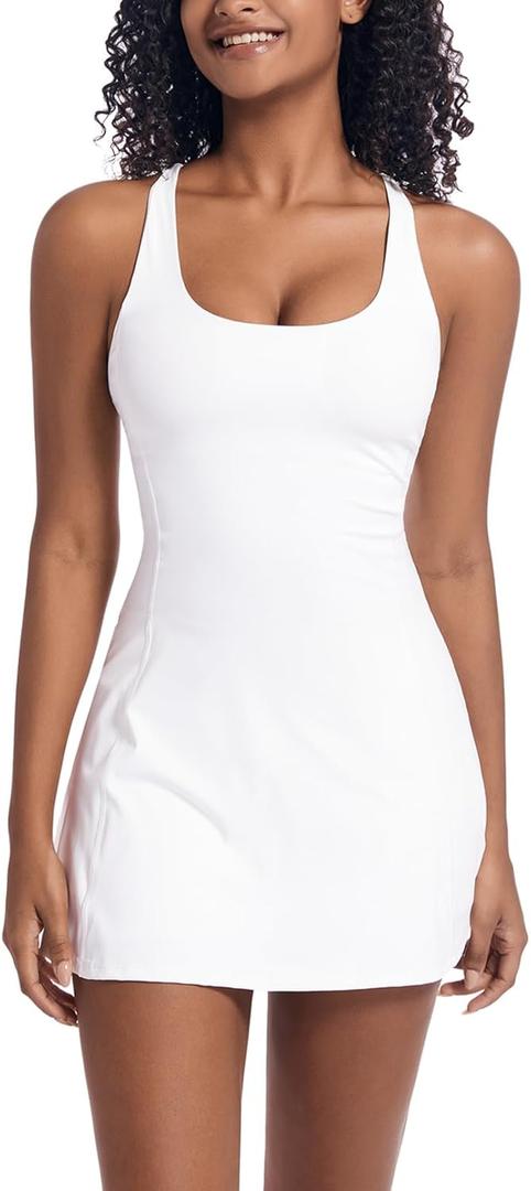 Tennis Dress for Women Workout Dress with Built-in Bra & Shorts Pockets for Athletic Exercise Golf (White) XS
