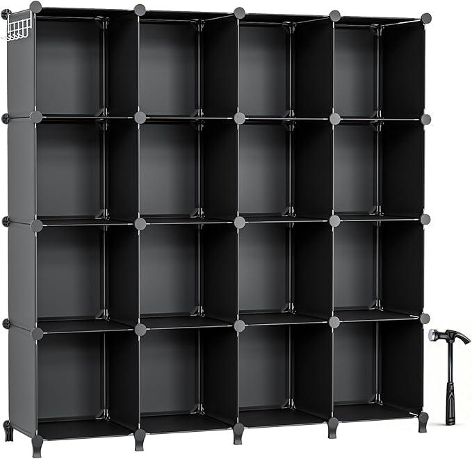 Neprock 16 Cubby Storage Organizer, Closet Clothes Storage Organizer, Cube Shelves Closet Organizers and Storage Shelves for Clothing Storage with Hammer, Bookshelf for Kids（Black）